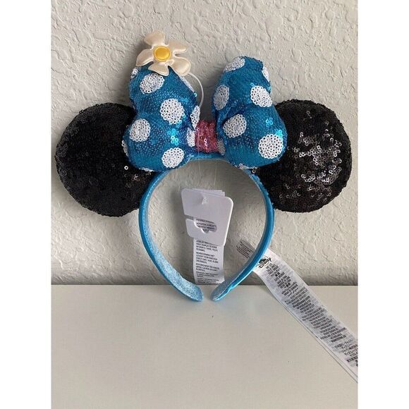 Disney Parks Minnie Mouse Ears Timeless Flower Polka Dot Sequined Headband NEW - Picture 1 of 7